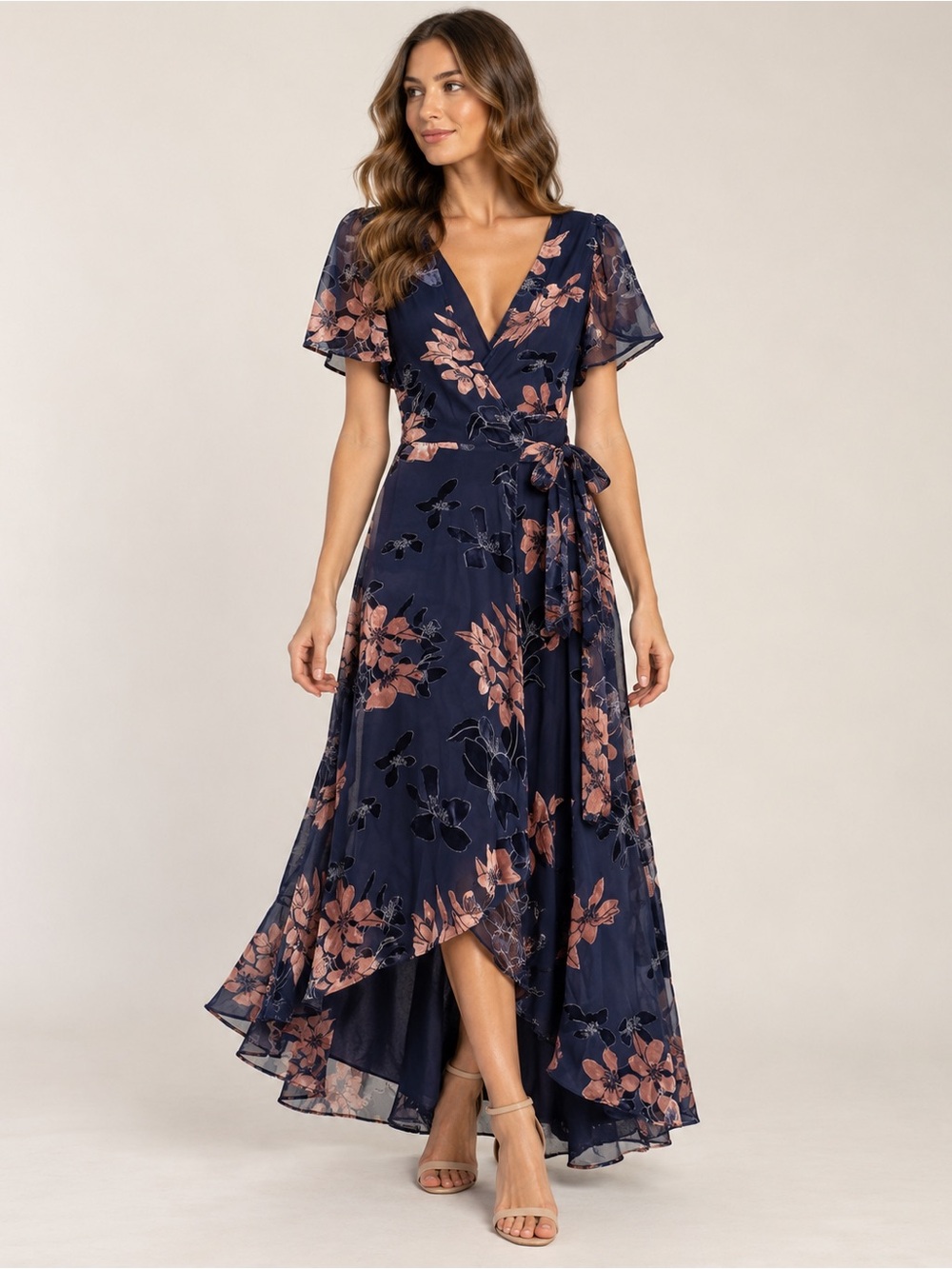 Lulus Bistro Dates Navy Blue Burnout Velvet Floral Wrap Maxi Dress M NWT